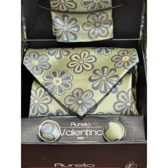 VTG New Aurelio Valentino Floral Tie Set W/ Cufflinks & Pocket Square Fancy Box - Picture 2 of 8